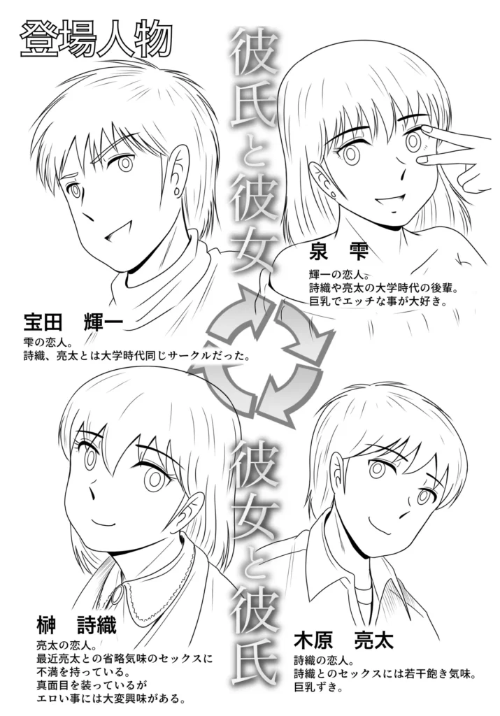 続・彼氏と彼女・彼女と彼氏 榊詩織は大学時代からの仲良し、宝田輝一、泉雫、詩織の恋人の木原亮太の四人で、ひょんな事からスワッピングパーティーを行った。最初は嫌々だった詩織も後輩の雫の積極的な姿勢に影響されて、輝一とのプレイに熱中してしまい、恋人の亮太ともしていないごっくんや中出しを許してしまった。やきもちを焼いた亮太は同じ事を雫ともやりたい!と言い出し四人は再びスワッピングプレイをする事になった!しかも今度はお互い別々にだ。詩織は輝一と二人ラブホを訪れた。躊躇う詩織とは違い、再び詩織とセックスできる輝一はノリノリ。教室風の部屋を選択、コスプレ用のセーラー服まで借り出した。詩織は激しく抗議するが、亮太にバニーのコスプレをさせられた雫を見せられ絶句する。そして呟くように言った。し、仕方ないわね…輝一が用意した様々なエロプレイに次第に快楽に溺れていく詩織であった。収録内容:本編108p詩織と輝一の絡みのみです。よろしくお願いします! https://eromanga-douzin.com/archives/17623 続・彼氏と彼女・彼女と彼氏 3 52 https://eromanga-douzin.com/archives/17623