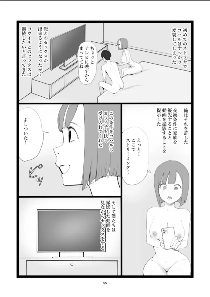 ママネトラセ 夫、妻、子供、円満な3人家族。しかし夫が数か月前からEDになった。妻コハルは性欲が強く一晩に複数回の性交を求めていたがお預け状態となり欲求不満に苛まれていた。夫は自分の管理下で妻を他の男に抱かせることを決意した。一方、コハルは夫の提案に驚き、他の男に抱かれることに対する期待と子供を裏切りたくないという思いの間で葛藤していた。コハルは寝取らせに3つの条件を提示する。・キスはしない・コンドームを着用する・自宅で夫が子供を見ている時に別室で行うそして今日、寝取らせの日となった。久しぶりのセックス。寝取らせ役の男は大きさ、テクニック、すべにおいて夫を上回っていた。初回のセックスを終え、3者は続けるか否かの話し合いをする…*******************************NTR、寝取られ、寝取らせ好きが真剣に考え抜いて描き上げたNTR、寝取られ、寝取らせ好きのための作品となっています。今作は1シーン1シーン丁寧に描写することを心掛けました。その結果64ページのボリューム(うち52ページがエロシーン)となっております。寝取らせプレイ初めての妻が1シーン毎に身体と心が開いていく様子すれちがう夫と妻の想い行きついた先で二人の出した結論は…お楽しみください。 https://eromanga-douzin.com/archives/17521 ママネトラセ 55 17 https://eromanga-douzin.com/archives/17521