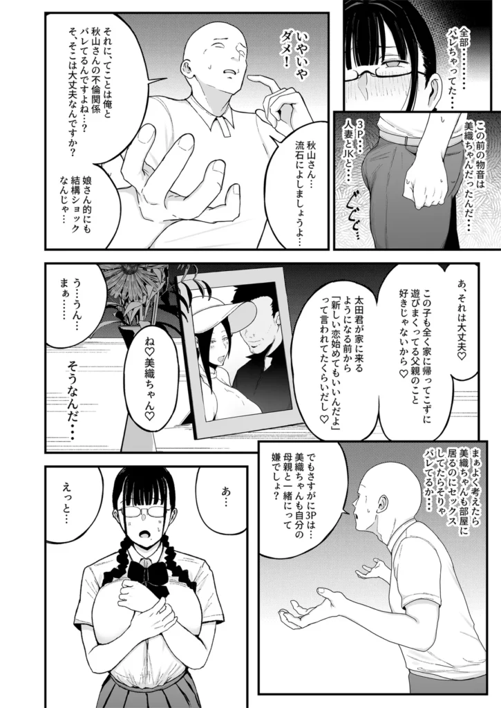 バイト先の人妻、秋山さん。2 親子丼 『職場の関係』から『カラダの関係』になった前回のお話から月日は流れたが、相も変わらず快楽に任せた不倫セックスをする二人。この日も秋山さん宅の寝室で交わっているが、それを覗く女の子が一人。秋山美織、秋山さんの一人娘は二人のセックスで性への興味が湧きたちオナニーをする毎日…「私だってセックスができる身体なのに…」覗き見オナニーで絶頂しようとするが、物音を立ててしまいバレそうになる美織。「本棚を整理しようと思って山積みにしてた本が崩れたみたい」秋山さんがそう言い放ち場は収まるが、不敵な笑みを溢す秋山さん…数日後、秋山さんから「親子丼をご馳走したいから家に来て」と連絡が届き秋山さん宅に向かう太田。チャイムを鳴らし中に入ると「じゃーん、今日は私と娘の美織との3Pセックス、親子丼をご馳走しちゃいまーす」と秋山さんが言い、驚愕する太田と美織。「親子丼ってそういう事!?」驚きつつも冷静に「流石に3Pは…美織ちゃんも嫌でしょ?」と話を振るが…「私します!3P!」まさかの一言を美織が言い放ち、始まる秋山さん親子との3Pセックス…太田の親子丼実食や如何に! バイト先の人妻、秋山さん。2 親子丼 11 110