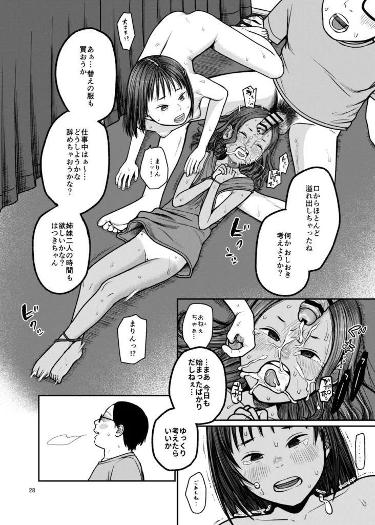 翼をもがれた天使と悪魔 仲良し姉妹が連れ去られ、好き放題弄ばれる日々が始まる…。優しい心を持つ姉・初雪(はつき)。男に好意を持たれ、一方的にラブラブセックスを求められる。妹を守るために媚びを売り、懸命に耐えようとする。悪戯っ子な妹・茉鈴(まりん)。男に悪態をつこうとするも、拘束されている上に自分勝手に動こうとすると姉に矛先が向いてしまう。姉妹は普通でありふれた日常を送っていたに違いない。何か違うとすれば、男に目を付けられ、小さな身体での抵抗がままならなかっただけだろう。屈辱的な言いなり、前触れのないイラマチオ、有無を言わさない口内射精、苦しいだけの中出し。強○的に、一方的に愛される姉妹の新たな人生が始まる。 翼をもがれた天使と悪魔 29 189