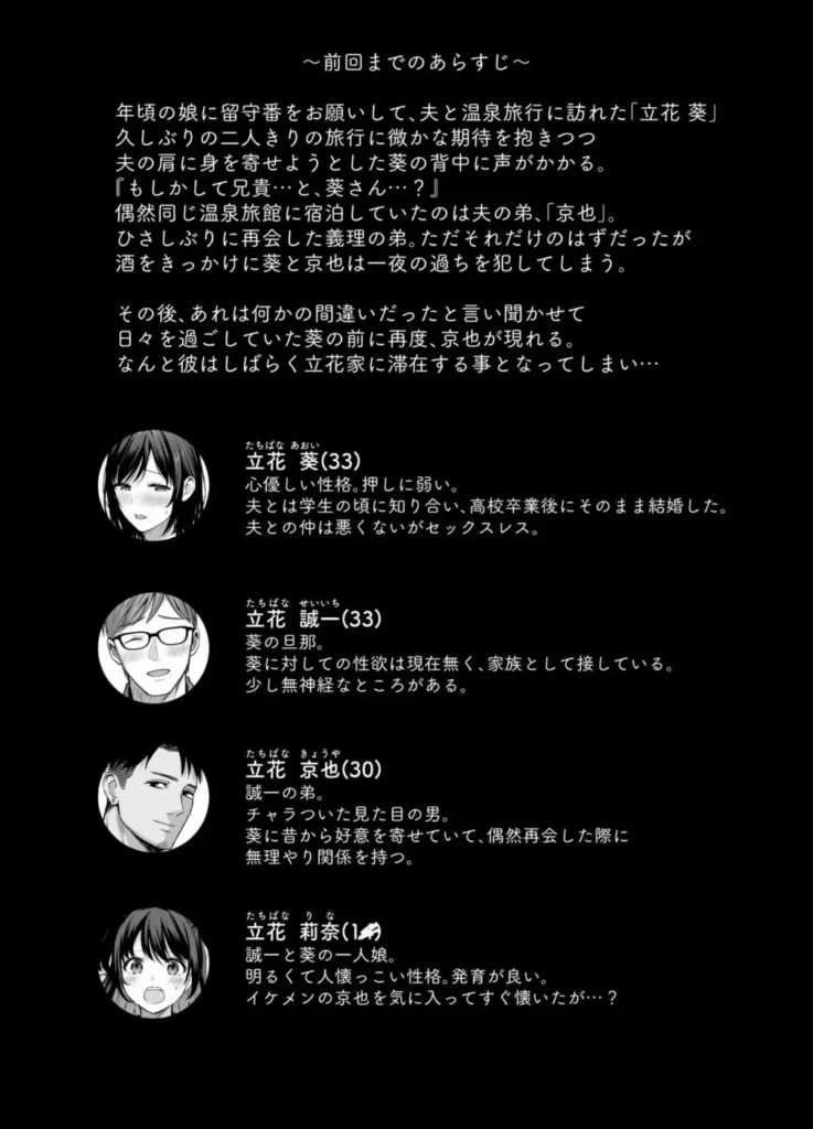 雌ノ家~妻ハ乱レ奪ワレル~ 妻としてでは無く一人の雌として求められる悦びに堕ちてゆく… ~前回までのあらすじ~ 夫と温泉旅行に訪れた「立花 葵」 偶然同じ温泉旅館に宿泊していたのは夫の弟、「京也」。 ひさしぶりに再会した義理の弟。ただそれだけのはずだったが 酒をきっかけに葵と京也は一夜の過ちを犯してしまう。 その後、あれは何かの間違いだったと言い聞かせて 日々を過ごしていた葵の前に再度、京也が現れる。 なんと彼はしばらく立花家に滞在する事となってしまい… ----------------------------------------------------- 時は昔に遡る。 高校生の京也は年上の幼馴染、葵のことが好きだった。 京也の恋を兄も応援してくれるはずだったが、実は葵と兄は既に両想いだった。 失恋の痛みを忘れられずにいた京也は、兄と結婚した葵に偶然再会するが 彼女を女性として扱わない兄の様子に、葵を寝取ることを決意する。 そして京也は、兄の家に居候することをこじ付け弱みを握って葵に迫る。 熟れた身体を丁寧な愛撫でほぐされ、イかされまくる葵。 暴力的なまでの快楽に抗う術もなく、妻としてでは無く 一人の雌として求められる悦びに堕ちてゆく。 そしてとうとう、一つ屋根の下でナマ挿入を許してしまい…? 雌ノ家~妻ハ乱レ奪ワレル~ 3 221