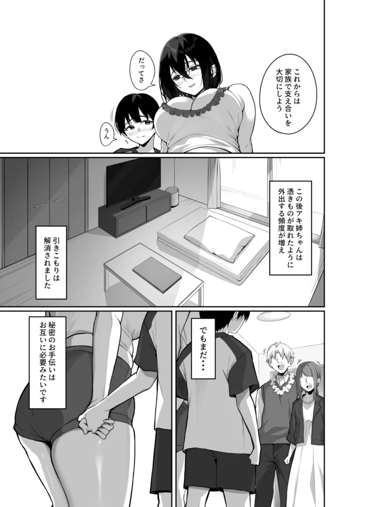 ダウナーで引きこもりなお姉ちゃんの秘密のお手伝い 母の再婚によってお姉ちゃんができた僕。実際に会うと…で、デカいっ!?どうやらお姉ちゃんは引きこもりらしい。初対面したのもつかの間、両親が新婚旅行へ行ってしまった…お姉ちゃんと過ごす一週間、不思議な関係から始まるドキドキな同居生活が始まるのでした。 ダウナーで引きこもりなお姉ちゃんの秘密のお手伝い 49 140