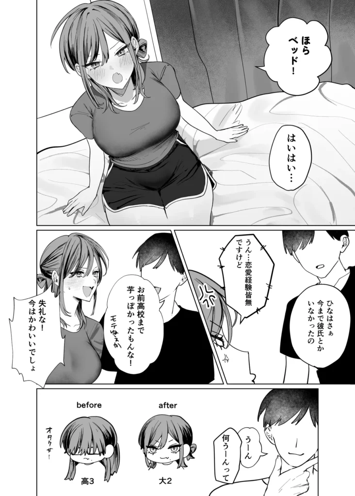 エロ漫画のために幼馴染と一線超える話 いろいろあって幼馴染の家に転がり込むことになった男は、ドアをノックしなかったばかりに幼馴染がエロ漫画を描いていることを知る。 幼馴染のひなは処女で、エロ漫画の資料にしたいと言いながら男に性器を見せてほしいとねだってきた。最初は見せるだけのはずだったが、お互いに異性として意識しはじめ、ついに一線を越えてしまう……。 プレイ、描写 内容 ・フェラ ・手マン ・クリ責め ・種付けプレス ・断面図 ・陥没乳首 ・巨乳 全44ページ(本編4~43ページ) 本編は白海苔のみ エロ漫画のために幼馴染と一線超える話 10 24